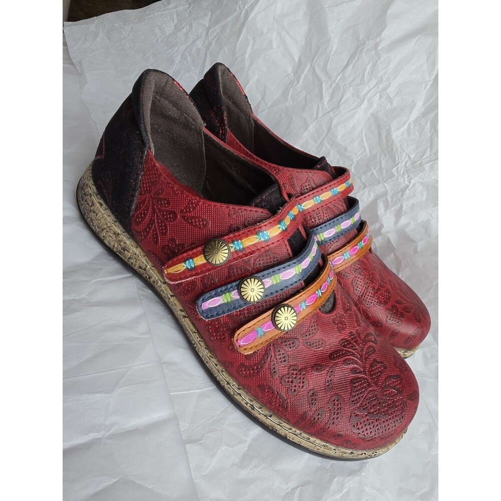 Socofy Women's EU 39 US 8.5 Red Embossed Leather Mary Jane Shoes Triple Strap Bo